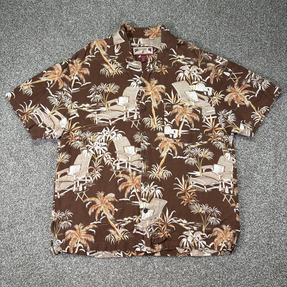 Caribbean Joe Hawaiian Shirt Large Brown Floral Linen Blend Summer Essentials